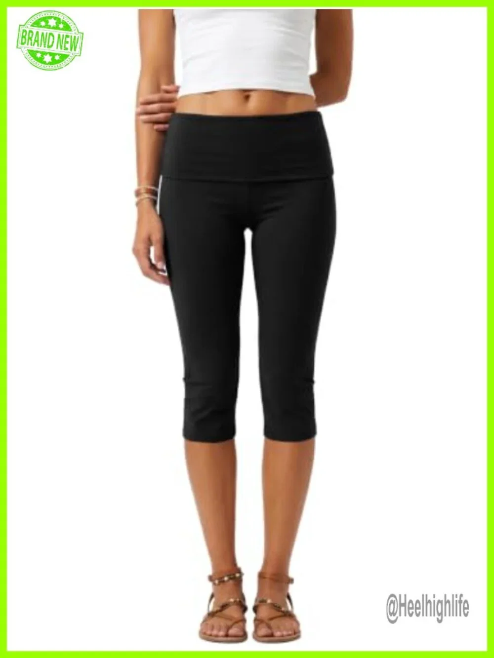 Cotton Spandex Fold Over Capri Leggings High Waist Yoga Pants